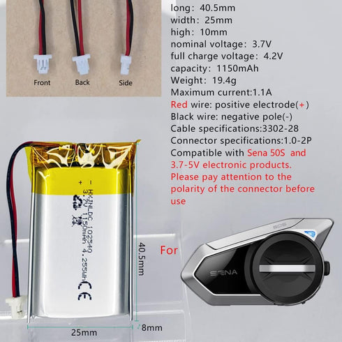 DC 3.7v 1150mAh 102540 Rechargeable Polymer Lithium Battery for Sena 50S Motorcycles Bluetooth Headset Intercom Battery Replacement DIY 3.7-5V ele...