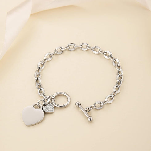 HZMAN Stainless Steel Silver/Rose/18k Gold Plated Zircon Heart Bracelet for Women Girls Romantic Gift Toggle Clasp Link Bracelets...