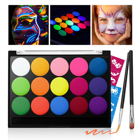 Skymore Glow in The Dark UV Body Paint 15pcs Face Paints for Kids & UV Neon Glow Face Painting Kits with 2 Brushes&Stencils for Halloween and Part...
