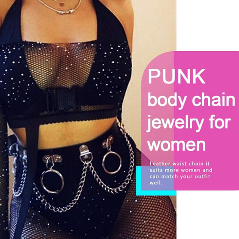 Nicute Punk Leather Chain Belt Black Goth Waist Chain Rave Body Chain Accessories for Women...