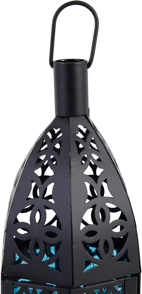 Zingz & Thingz Moroccan Style Candle Lantern Holder, Decorative Light Home Decor, Indoor & Outdoor, 13" Tall, Black with Blue Glass...