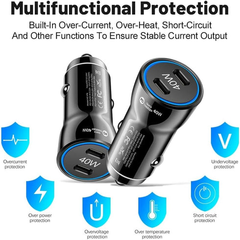 USB C Car Charger, 2-Port 40W Dual USB-C Car Power Adapter PD/QC Fast Charging Cigarette Lighter for iPhone 16/15/14/13/12/11/Pro Max, iPad, Samsu...