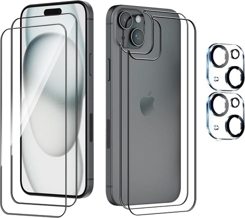Front and Back Screen Protector Glass Compatible with iPhone 15 Plus 6.7 inch, 2 Pcs Front Protector+ 2 Pcs Back Protector + 2 Pcs Camera Lens Pro...