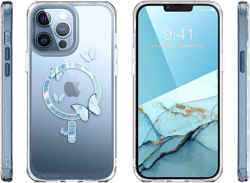 i-Blason Halo Case Compatible with MagSafe for iPhone 13 Pro Max 6.7 inch, Slim Clear Case with TPU Inner Bumper (Butterfly/Blue)...