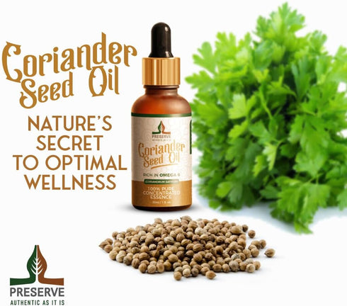 PRESERVE Coriander seed oil 100% pure natural Cold Pressed Concentrated essence oil 30ml (1.oz) Vegan plant based Omega 6 fatty acids Glass Bottle...