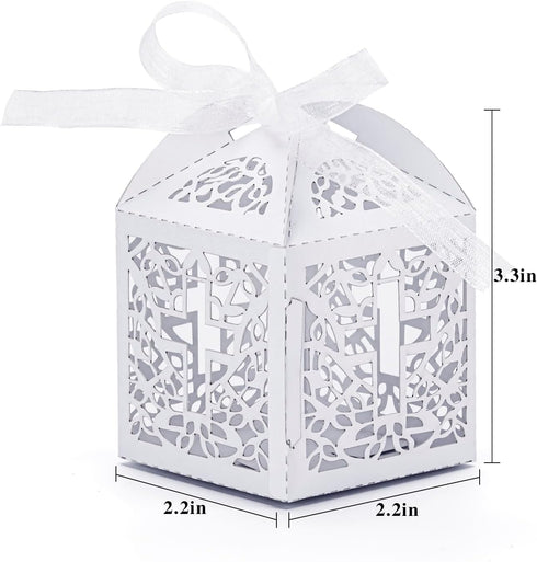 50PCS Baptism Favor Boxes, 2.2''x2.2''x2.2''Laser Cut Favor Boxes with 50 Ribbons for Baby Shower Favors Baptism Decorations First Communion Party...