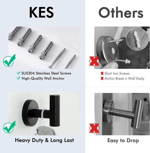 KES Bathroom Accessories Hardware Set Toilet Paper Holder and Robe Towel Hook SUS304 Stainless Steel Round Wall Mounted Matte Black, LA20BKDG-21...