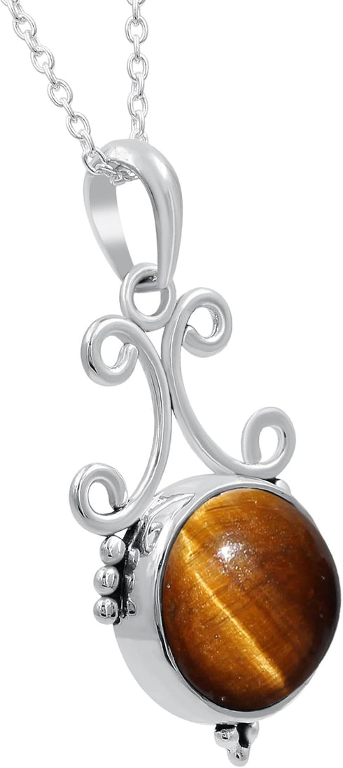 TISHAVI 5.45Cts Natural Round Shaped Semi Precious Gemstone Pendant Necklace For Women With 18Inch Chain, Sterling Silver Birthstone Pendant Neckl...