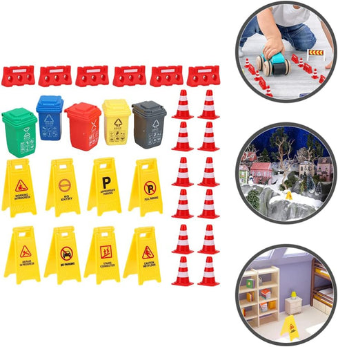 TOYANDONA 31Pcs Road Signs for Kids, Miniature Plastic Traffic Cones Mini Barrel Roadblocks Toys Set Educational Playset Pieces for Boys& Girls...