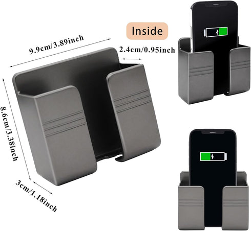 2 Pcs Wall Mount Phone Holder with 3M Adhesive Phone Stand with Data Cable Receiving Hole, Charger Remote Control Storage Box for Bedroom, Kitchen...