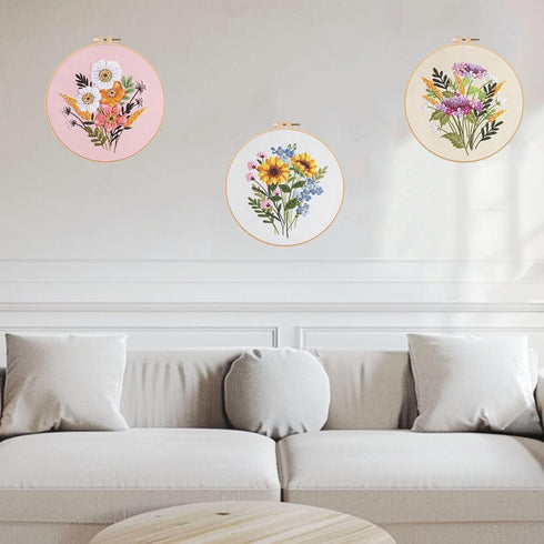 Offizon 3 PCS Embroidery Kit for Beginners - Cross Stitch DIY Craft Set, Flower Embroidery Accessories & Hoop Included, Hand Embroidery Kit for Ad...