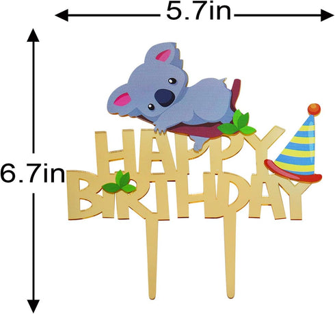 Gold Acrylic Koala Happy Birthday Cake Topper, Koala Theme Birthday Cake Decor, Koala Bear Birthday Party, Baby Koala Party, Zoo Jungle Animal Par...