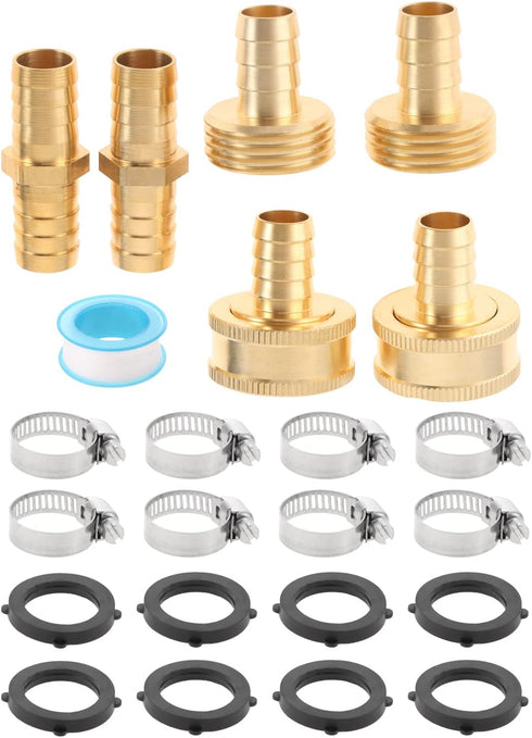 4 Sets 1/2 Inch Solid Brass Garden Hose Connector Repair Kit,Water Hose Mender Female Male Hose Coupling with Stainless Steel Clamp, Tape and Rubb...