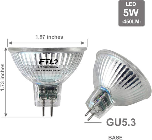 FTL MR16 LED Light Bulbs 3000K Warm White AC/DC 12V Non Dimmable Glass Cover 5W 500lm GU5.3 Spotlight 50W Halogen Replacement for Track Lighting a...