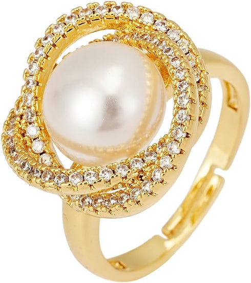 Sylph 18K Gold Plated Pearl Adjustable Ring with Zirconia – Elegant Jewelry for Women – Adjustable Luxury Wedding Statement Ring Open Ring Flexibl...