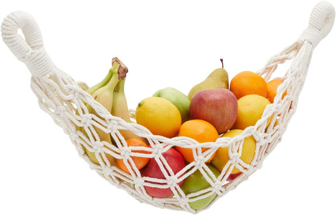 Okuna Outpost Macrame Hanging Fruit Basket Hammock for Kitchen - 6 x 25 x 15 in - White Cotton Modern - Under-Cabinet Storage with 2 Hooks for Ban...