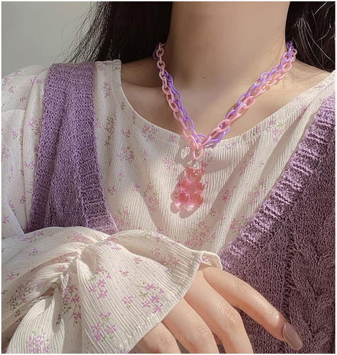 Lovely Gummy Bear Pendant Necklace Pink Acrylic Chunky Chain Cute Candy Color Bear Necklace for Women Jewelry Gift...