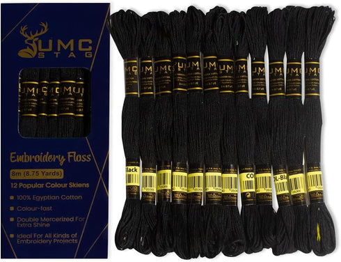 12 Pieces Black Colour Premium Embroidery Thread | 100% Egyptian Cotton Premium Skeins | Cross Stitch Embroidery Floss | Oeko TEX Certified Strand...