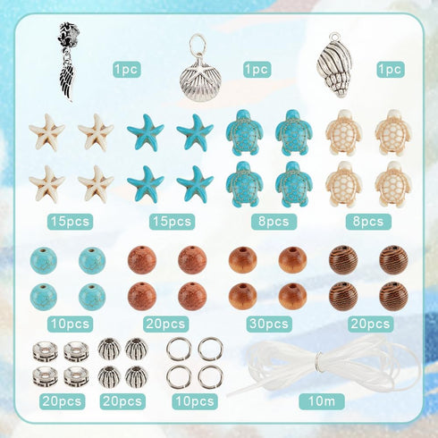 SUNNYCLUE 1 Box 6 Sets Ocean Bracelet Making Kit Sea Turtle Beads Turtle Charm Starfish Charms Wood Beads Summer Ocean Beads Sea Animal Beads Blue...