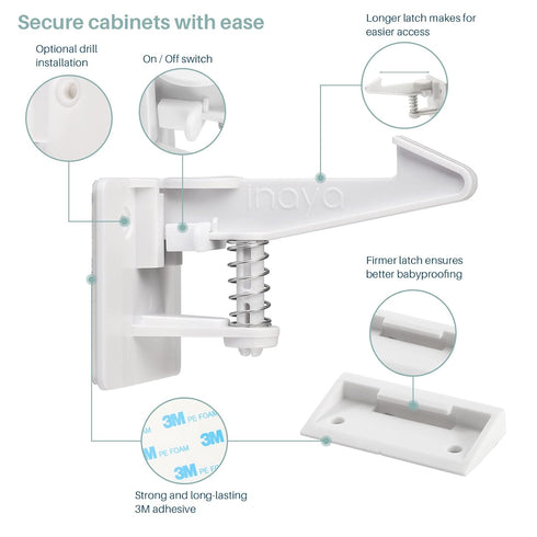 Inaya Cabinet Locks Child Safety Latches - Baby Proofing Cabinets & Drawers Locks - Child Proof Your Home - No Drilling & No Tools Required! (12 P...