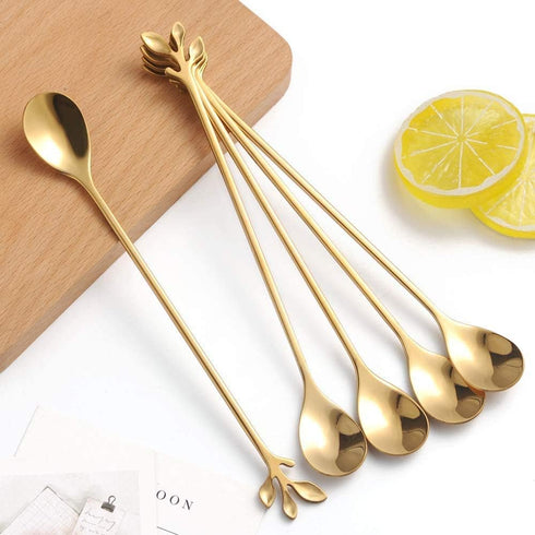 Long Handle Iced Tea Spoons Set of 6, Comicfs 7.6" Ice Cream Spoon, Creative Gold Leaf Cocktail Stirring Spoons, Premium Food Grade Stainless Stee...