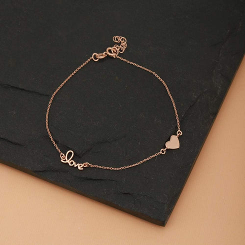 Sterling Silver Jewelry - Rose Gold Plated 925 Stamp - Love and Heart Charm Anklet - Stylish Beautifully Designed for Women - 9" Long + 1" Extende...