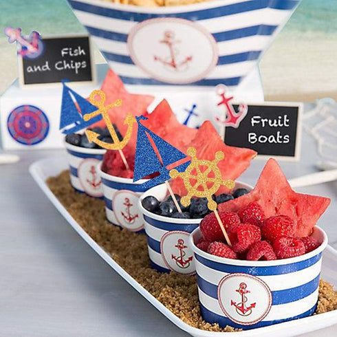 24 Pcs Nautical Theme Glitter Cupcake Picks Cupcake Toppers Food Fruit Picks for Decoration Party Favors...