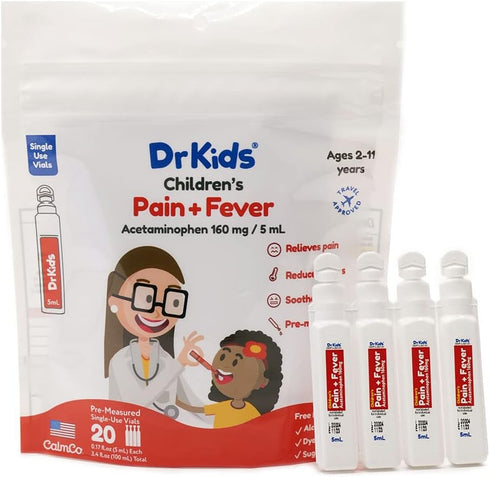 Dr. Kids Children's Pain and Fever Acetaminophen, Pre-Measured Single-Use Vials, Free from, Travel Compliant, 3.4 Fl Oz (20 Count)...