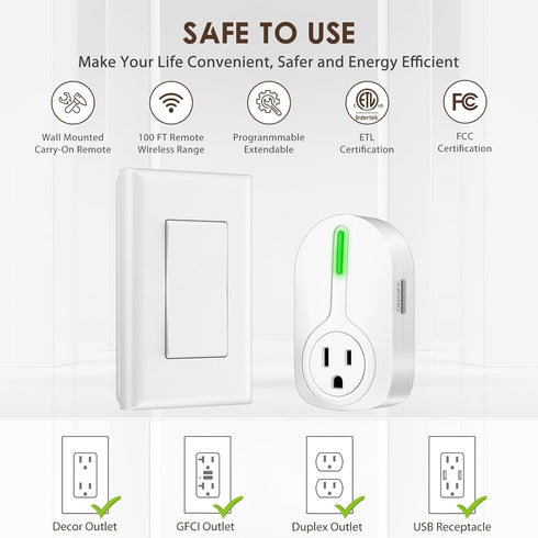 K KASONIC - Wireless Remote Control Outlet, Indoor Remote Light Switch for Plug in Lamp, Small Electrical Appliance up to 100 Feet Away, 10A/1200W...