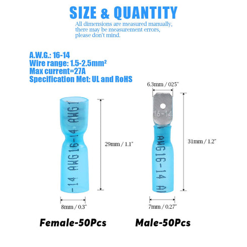 Glarks 100pcs 16-14 Gauge Fully Insulated Female/Male Spade Nylon Heat Shrink Waterproof Quick Disconnect Electrical Insulated Crimp Terminals Con...