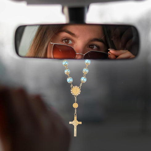 Cobee Car Rosary, 2-Piece Cross Auto Rosary, Rear View Mirror Pendant, Car Hanging Accessories, Interior Decor for Women & Men (Blue Gold)...