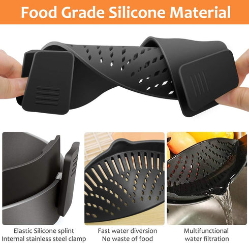 YEVIOR Clip on Strainer for Pots Pan Pasta, Silicone Food Strainer Hands-Free Pan Strainer, Clip-on Kitchen Food Strainer for Spaghetti, Pasta, Gr...