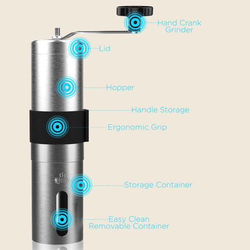 Manual Coffee Grinder — Stainless Steel Conical Burr Coffee Bean Grinder with Hand Crank, 18 Adjustable Settings, Storage Pouch and Sturdy Grip — ...