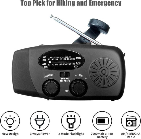 Upgraded Emergency Solar Hand Crank Radio with LED Flashlight, Portable Am Fm NOAA Weather Radio, 2000mAh Solar Power Bank Cell Phone Charger for ...