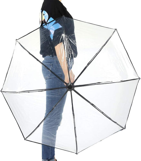 Tri-fold Clear Rain Umbrella with Frosted Handle Transparent Umbrella, for Portable to Carry for Travel(Black)...