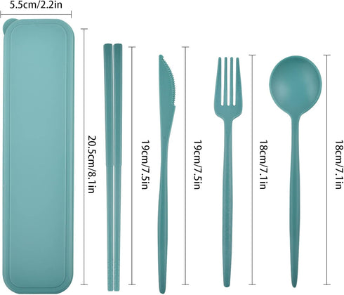 Reusable Utensil Set with Case, 2 Sets Plastic Portable Travel Utensils, Knives Chopsticks Spoons and Forks Set Camping Cutlery (blue, green)...