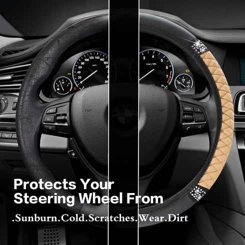Bling Leather Steering Wheel Cover,15 Inch Soft Leather Car Wheel Cover with Colorful Crystal Diamond,Universal Non-Slip Auto Elastic Steering Whe...