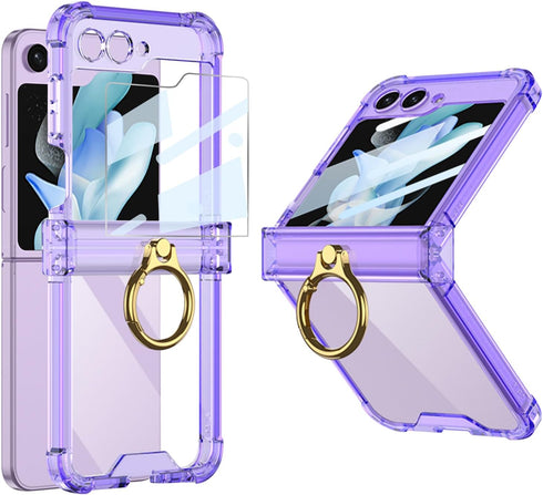 for Samsung Galaxy Z Flip 5 Case Hinge Protection Luxury Soft Transparent with Ring Holder Built-in Screen Protector All-Inclusive Shockproof Case...