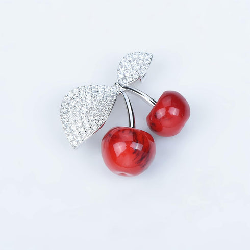 Red Stone Cherry Brooch Pin Green Cubic Zirconia Leaf Fruit Lapel Pin for Women Party Weddings Banquet Jewelry Pins...
