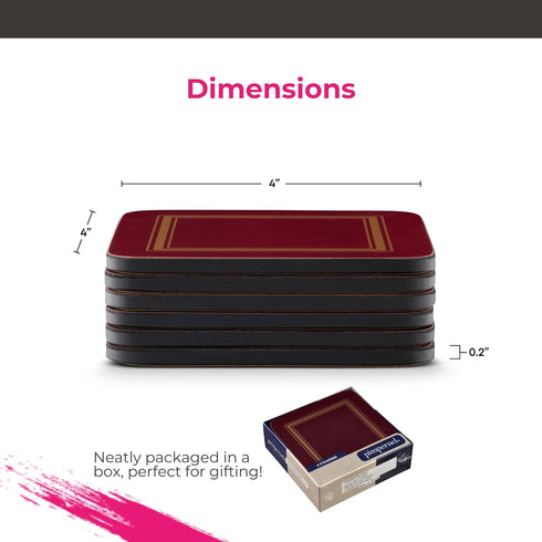 Pimpernel Classic Burgundy Drink Coasters Set of 6 - Heat & Stain Resistant Square Coasters with Non-Slip Cork Backing for Hot and Cold Beverages ...