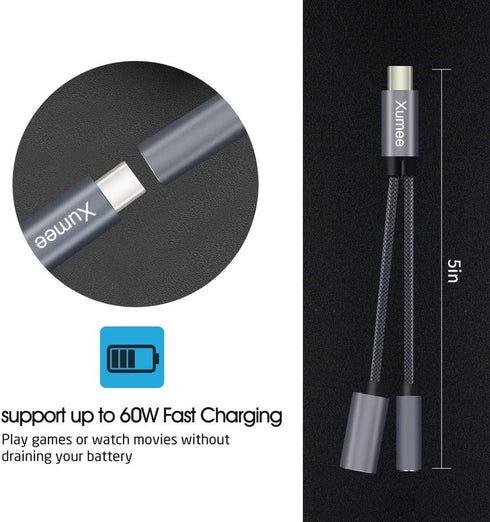 Xumee USB Type C to 3.5mm Headphone and charger adapter, 2-in-1 USB C to Aux Audio jack Hi-Res DAC and Fast Charging Dongle Cable Compatible with ...