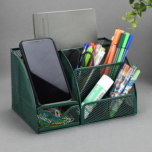 Green Desk Organizer Mesh Drawer Storage Accessories with 6 Compartments and Drawer, Desktop Caddy Storing Stationery Trinkets Cosmetics Jewelry E...