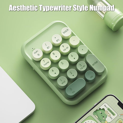 Typewriter Style Number Keypad Wireless 2.4G/Bluetooth/USB-C Wired Rechargeable Numeric Pad Linear Membrane Switch 18-Key NKRO Retro Round Keycaps...