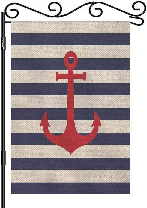 AOYEGO Anchor Garden Flag Small Vertical Double Sided 12.5 x 18 Inch Striped Marine Vector Background Burlap Yard Outdoor Decor...