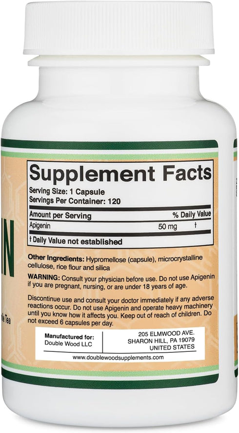 Apigenin Supplement - 50mg per Capsule, 120 Count (Powerful Bioflavonoid Found in Chamomile Tea for Relaxation, Sleep, and Mood) Senolytic Flavono...