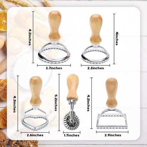 Ravioli Stamp Set (Set of 5), Ravioli Maker Cutter with Wooden Handle–for Ravioli, Pasta, Dumplings Lasagna, Pierogi, Leading Dough Cutter and Pre...