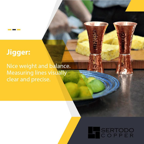 Sertodo Copper Double Sided Jigger, 1 oz and 2 oz Measured Shots, Hand Hammered 100% Pure Copper, Single...