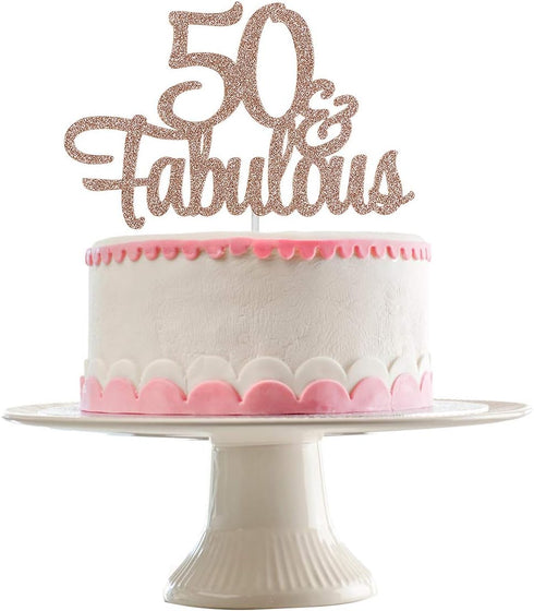 50 and Fabulous Rose Gold Glitter 50th Birthday Cake Topper for Women...