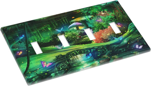 Decorative Switch Plate Covers Forest Spring Enchanted Fairy Wonderland Green Ground 4 Gang Device Light Switch Cover Quad Toggle Wall Plate Elect...