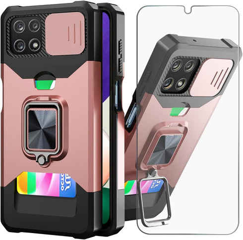 for Galaxy A22 5G/Boost Celero 5G Wallet Detachable Credit Card Holder Screen Protector with Kickstand, 360 Full Body Shockproof Protective Phone ...